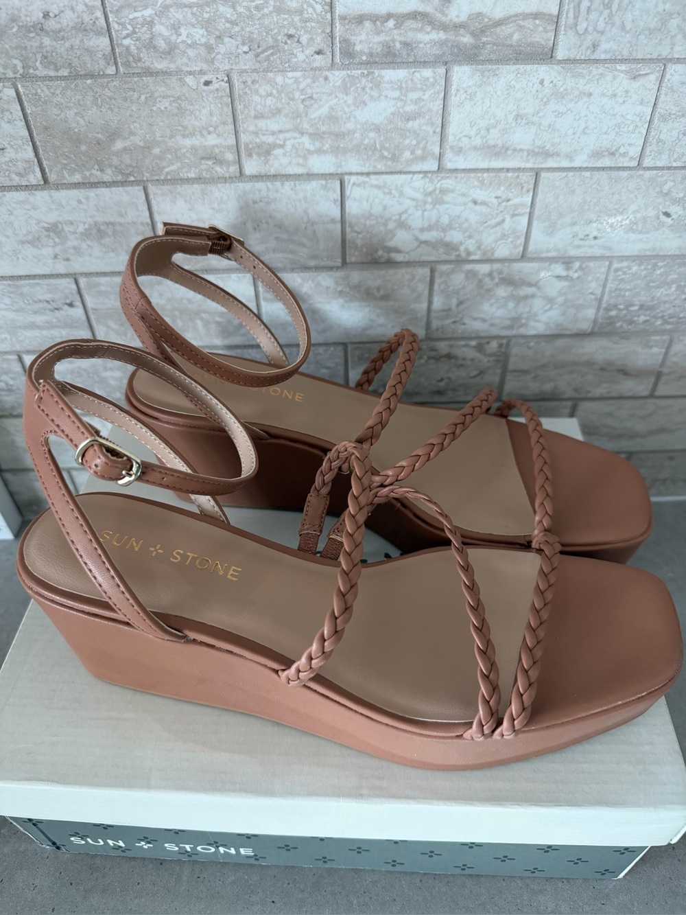 NWT Sun + Stone Pink Braided Strap Wedge Sandals